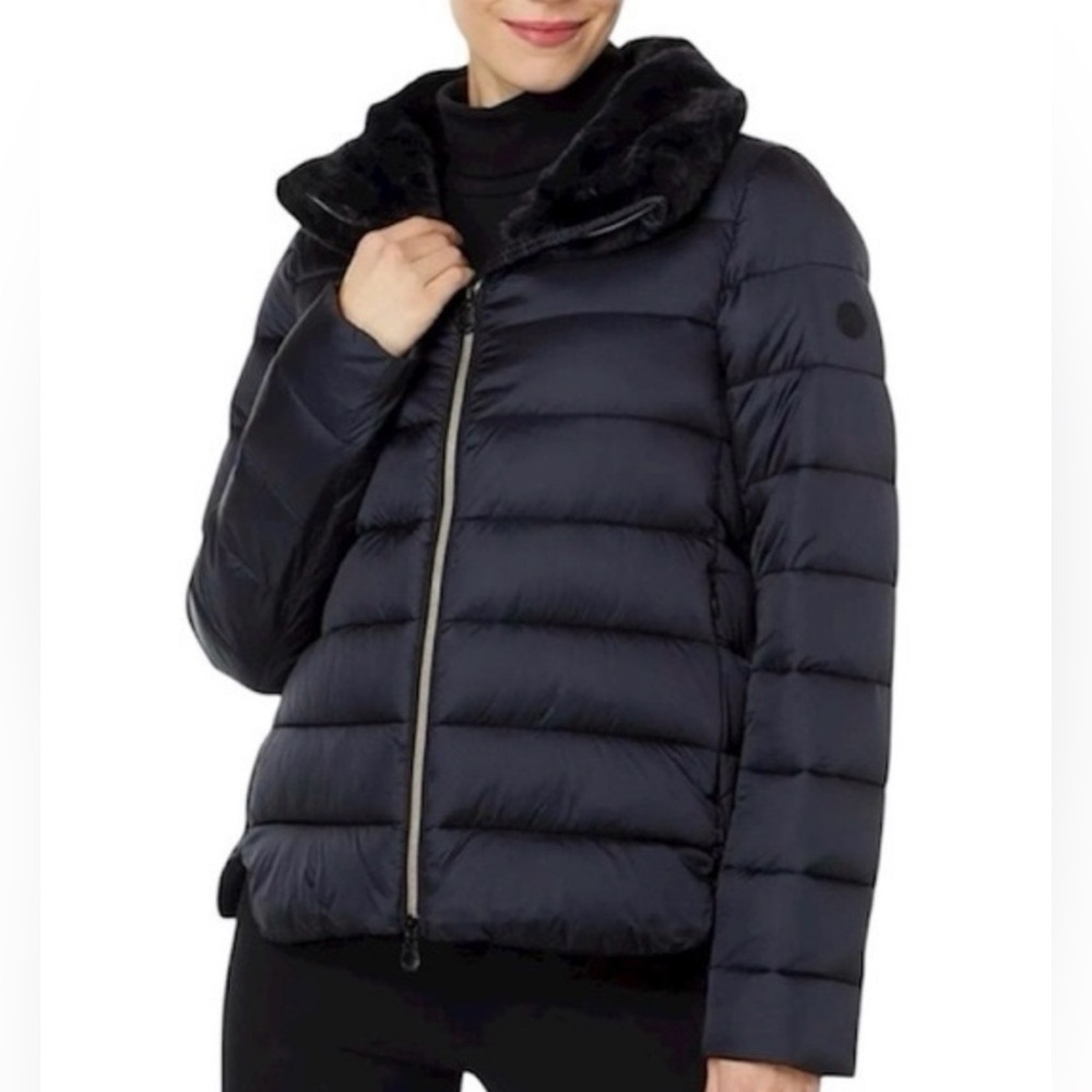 Save the Duck Mei Short Puffer Jacket + Fur Collar Black Jacket Size 1X